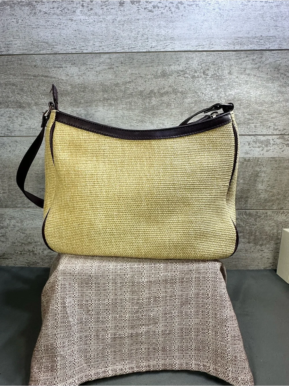 VTG Etienne Aigner Light Tan Woven Fabric & Brown Leather Shoulder Bag Purse